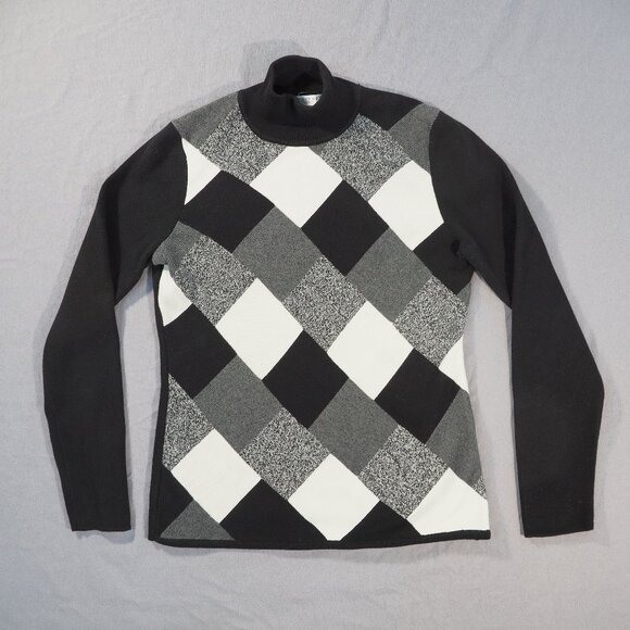 Geoffrey Beene Sport Sweater Womens Medium Black Colorblock Patchwork Argyle - Picture 1 of 8